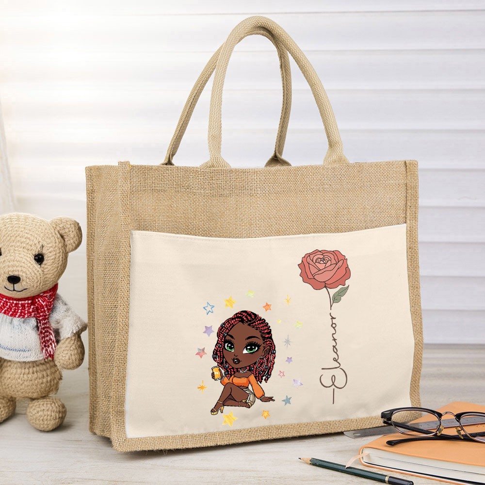 Personalized Fashion Girl Jute Bag with Birth Flower & Name, Large Capacity Burlap Tote Bag, Shopping Bag, Birthday/Christmas Gift for Women/Girls