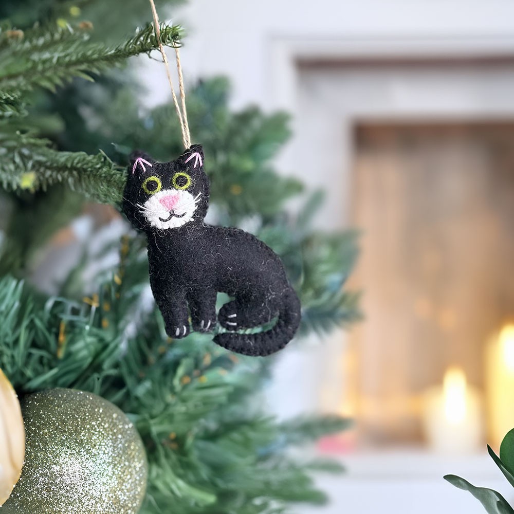 Wool Felt Stitched Cat Christmas Ornament