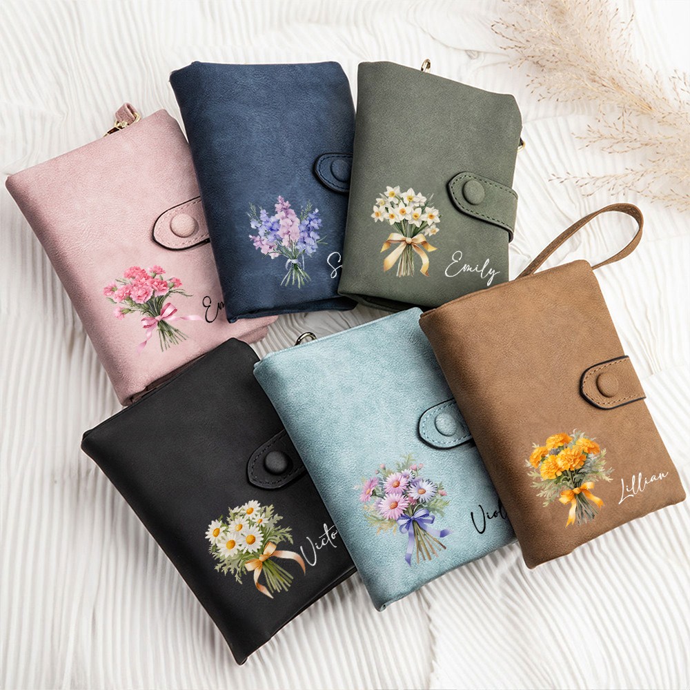 Personalized Name Birth Flower Wallet, PU Leather Card Holder with Wrist Strap, Birthday/Mother's Day/Wedding Gift for Her/Mom/Grandma/Bridesmaids