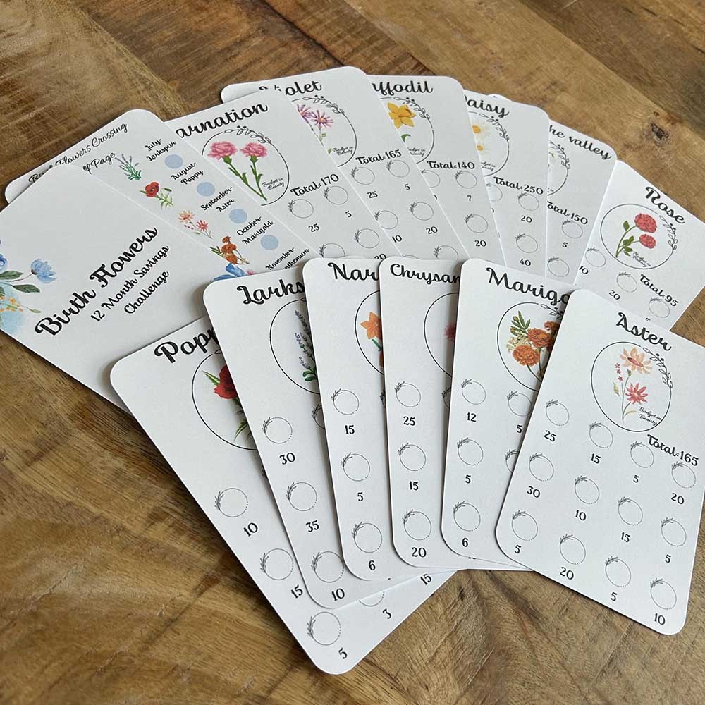 Personalized Birth Flower Name 12 Month Savings Challenge Bundle, A6 Size Cash Challenge Planner, Budget Goals for Cash Stuffing