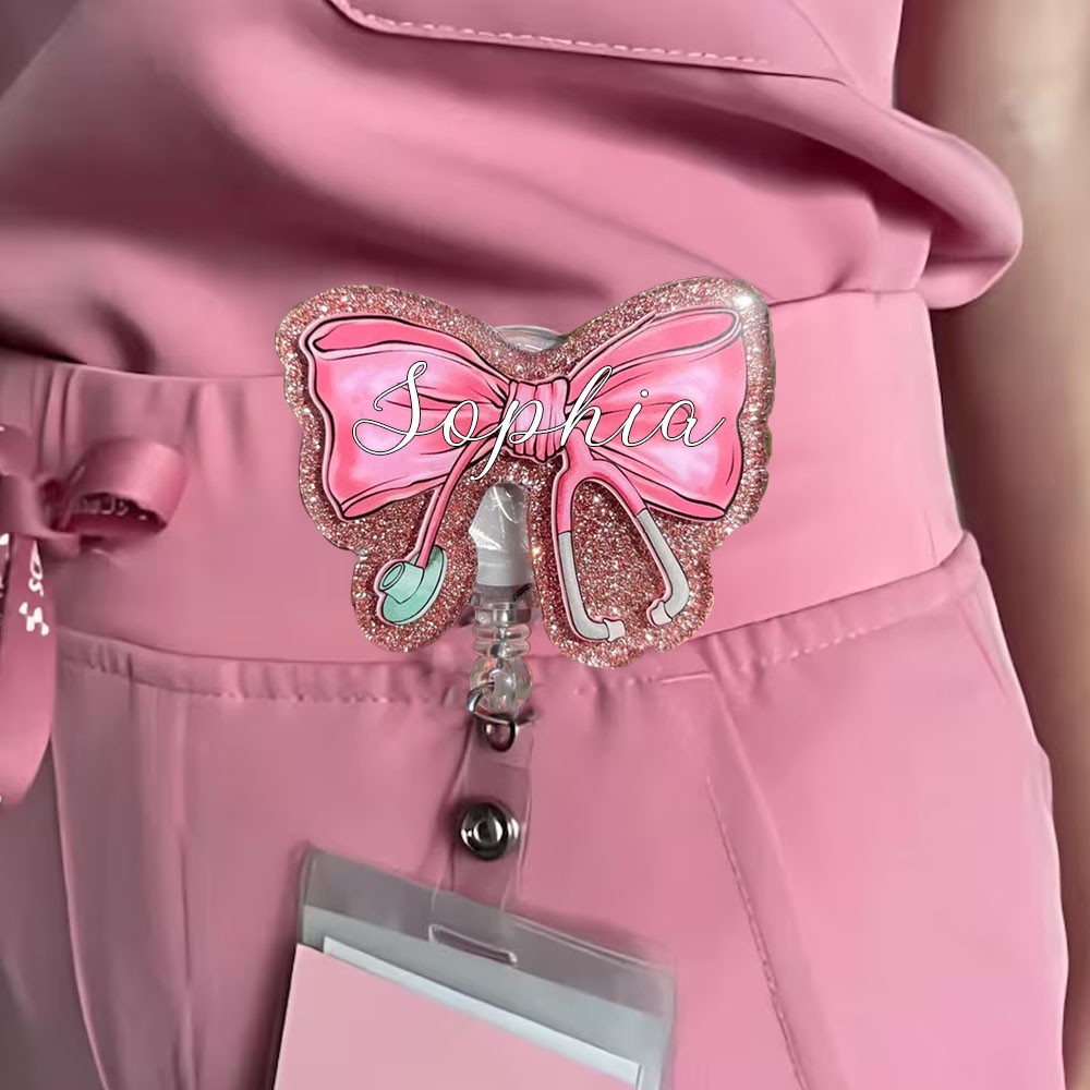 Personalized Name Stethoscope Pink Bow Badge Reel, Coquette Bow Badge Reel, Gift for Nurse Medical Student Healthcare Worker