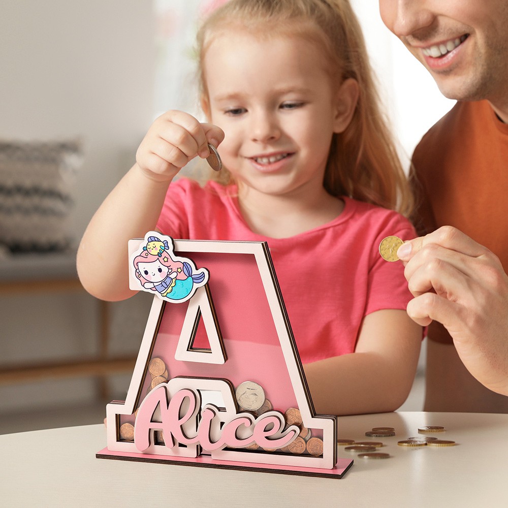 Personalized Name Wooden Letter Money Bank, Letter Clear Window Coin Bank Money Box, Kids' Room Decor, Birthday/Christmas/Children's Day Gift for Kids