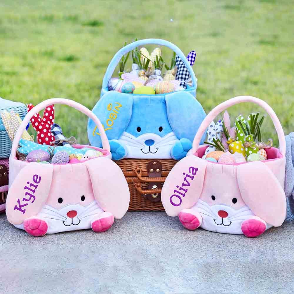 Embroidered Easter Basket, Kids Easter Basket With Name, Bunny Ear Easter Buckets, Custom Name Bunny Basket Monogram Easter Gift for Boys Girls