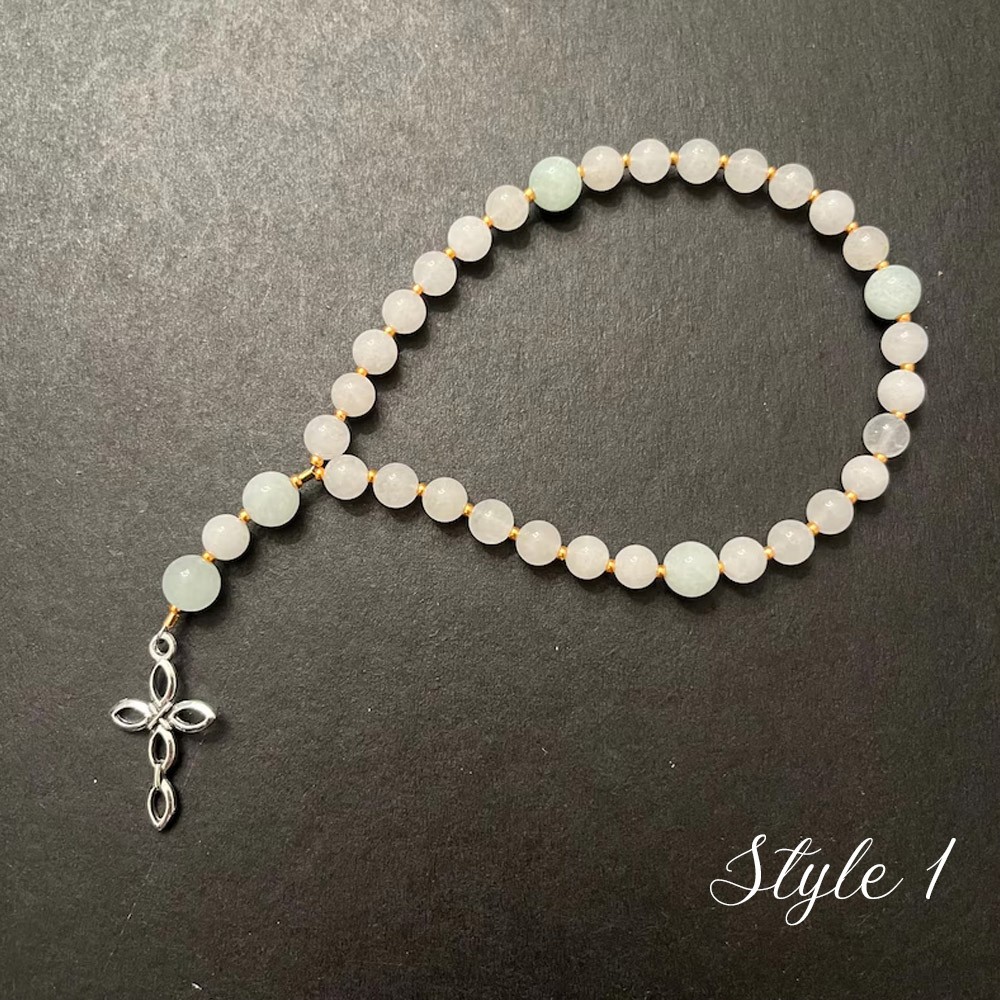 Pink Opal (October Birthstone) & White Jade Protestant Prayer Beads, Episcopal, Methodist, Anglican Rosary