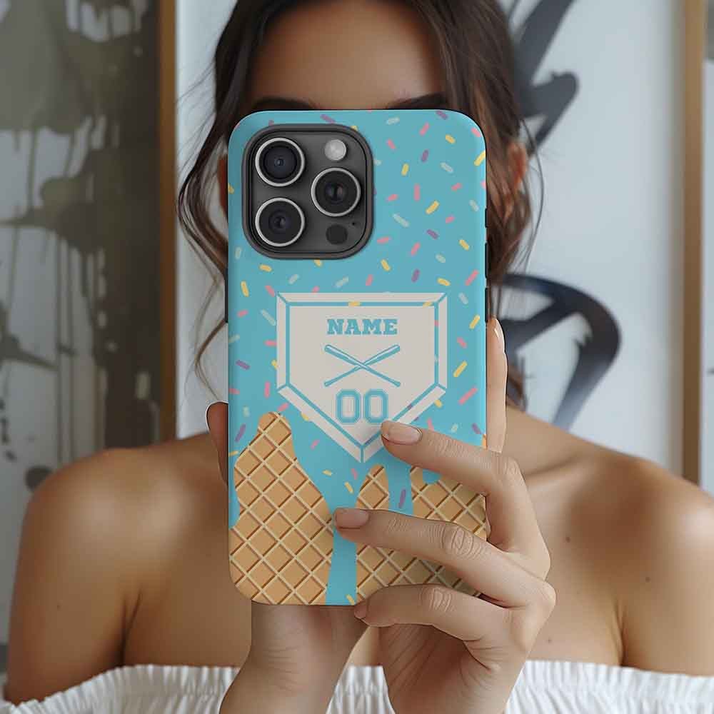 Personalized Name Baseball Lifestyle Inspired Phone Case, Blue Dripping Ice Cream Cone Custom Phone Case, Baseball Fashion Gift For Baseball Lovers
