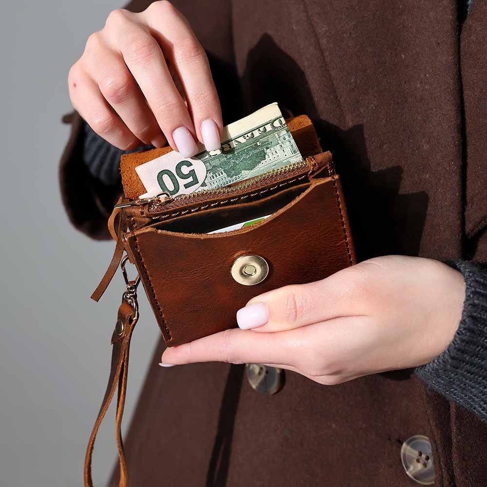 Personalized Women Leather Wallet with Flower, Custom Leather Wristlet Zippered Coin Pocket, Engraved Leather Money & Card Holder Gift Her