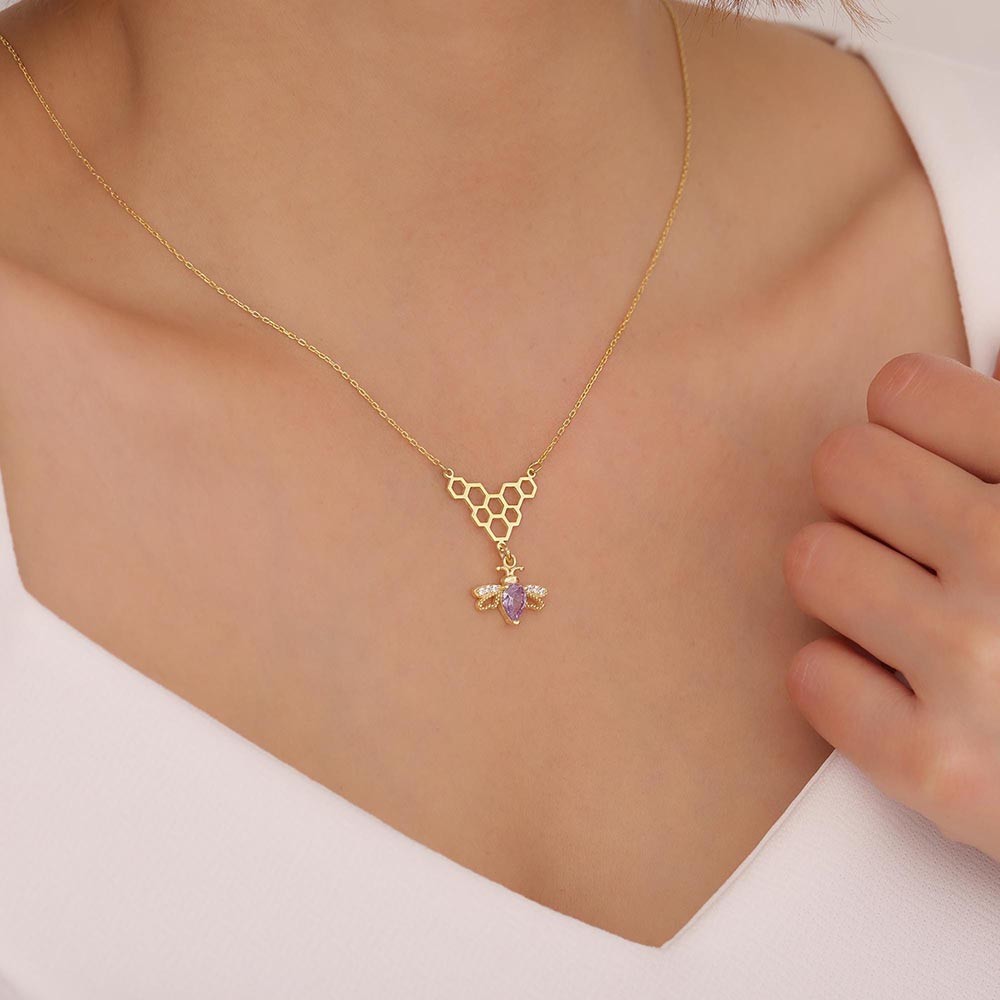 Honeycomb Necklace with Bee Charm, Custom Birthstone Bee Necklace, Beekeeper Jewelry, Save the Bees, Gift for Her, Birthday Gift