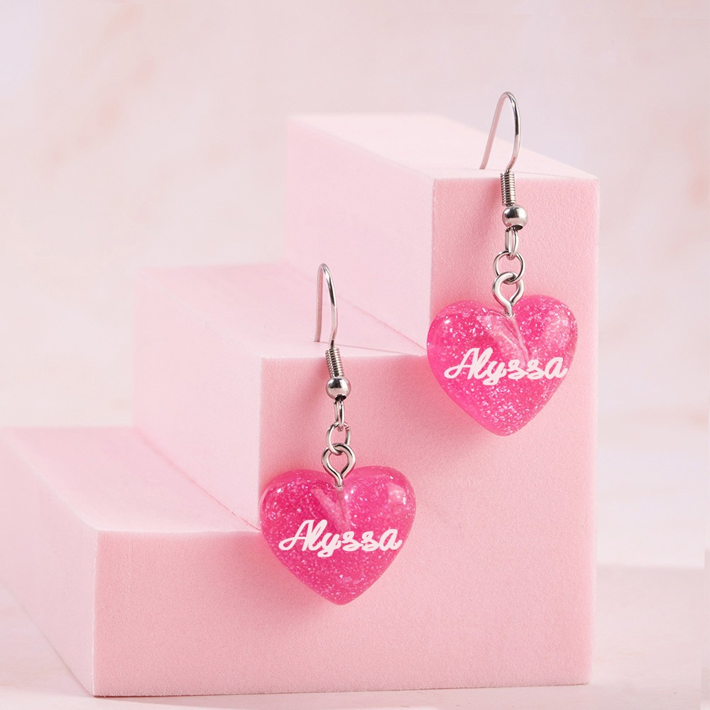 Personalized Name Pink Doll Earrings, Custom Glitter Heart Charm Earrings, Friendship Gifts, Birthday Gifts for Best Friends/Sister/Her