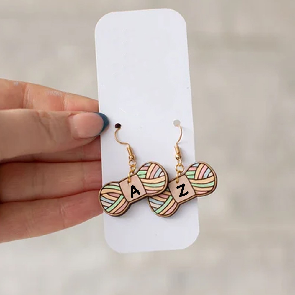 Custom Initial Knitters Wool Wooden Earrings, Quirky Earrings, Engraved Wooden Stud Earrings, Engraved Earrings, Gifts for Knitters