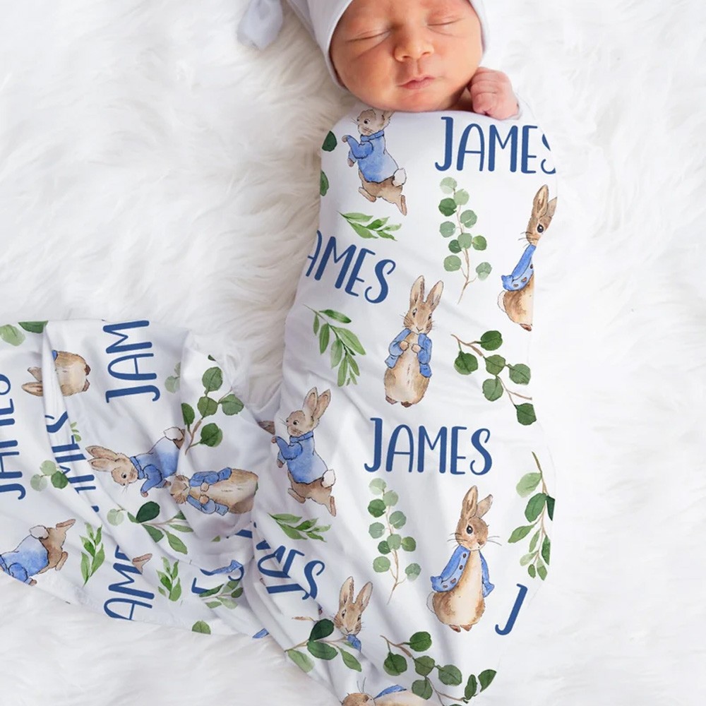 Peter Rabbit Baby Name Swaddle, Greenery Boy Blanket, Personalized Receiving Blanket, Baby Shower Gift, Custom Boy Bedding, Eucalyptus,