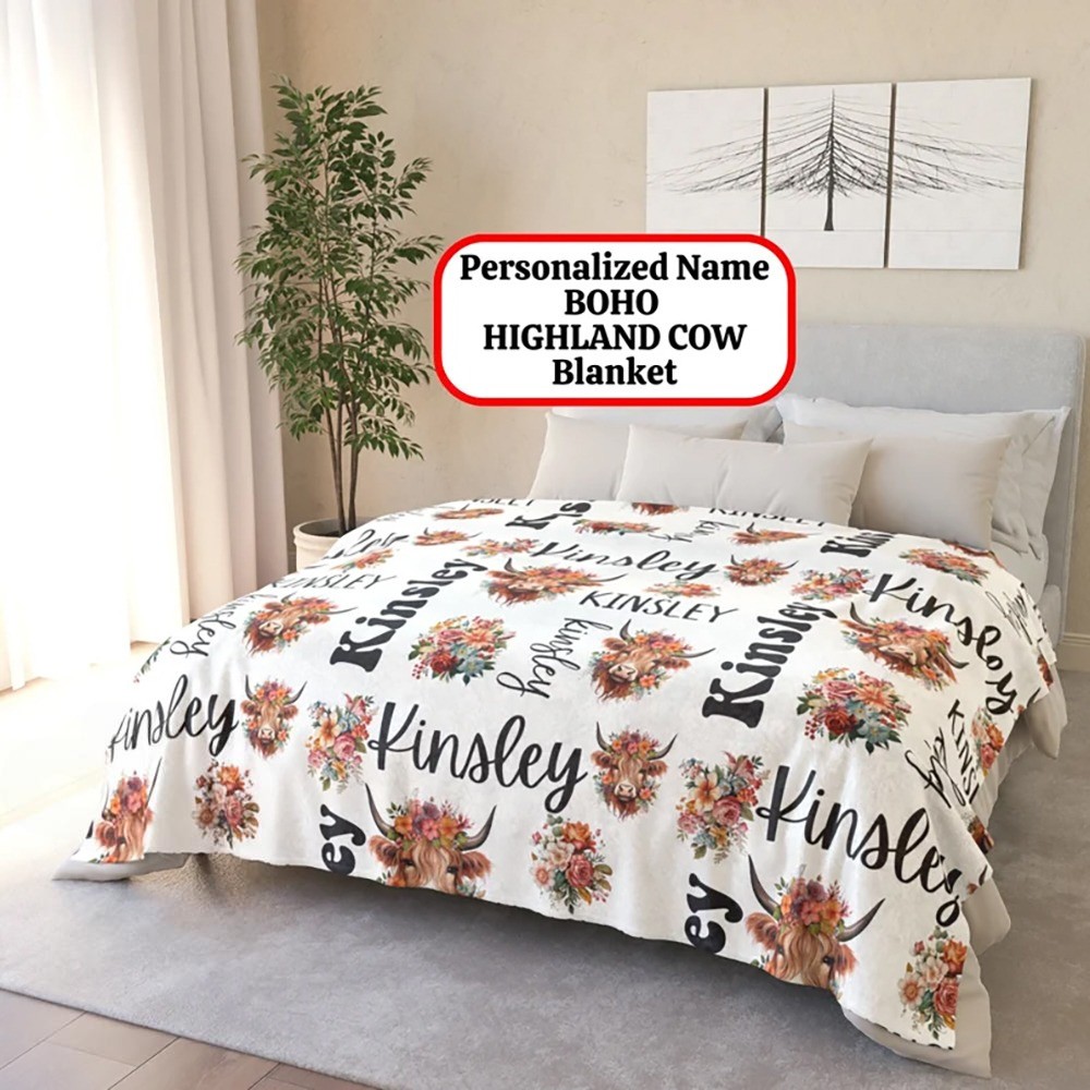 Custom Boho Highland Cow Blanket, Personalized Floral Bohemian Xmas Country Western Fleece Throw, Christmas Eve Box Gift Birthday Present