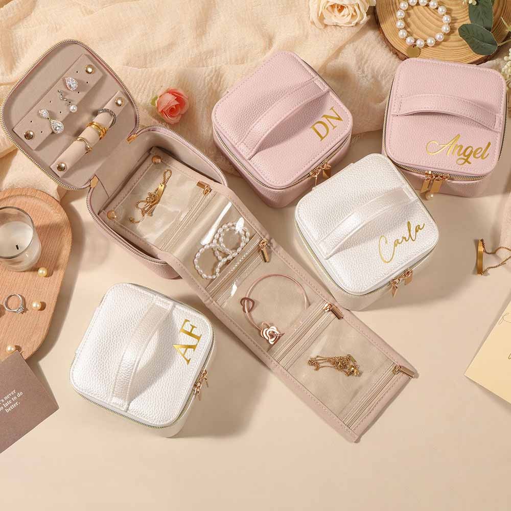 Personalized Leather Jewelry Box, Name Travel Jewelry Case, Bridesmaid Proposal, Custom Bridal Party Gift, Wedding Favor, Valentines Day Gifts