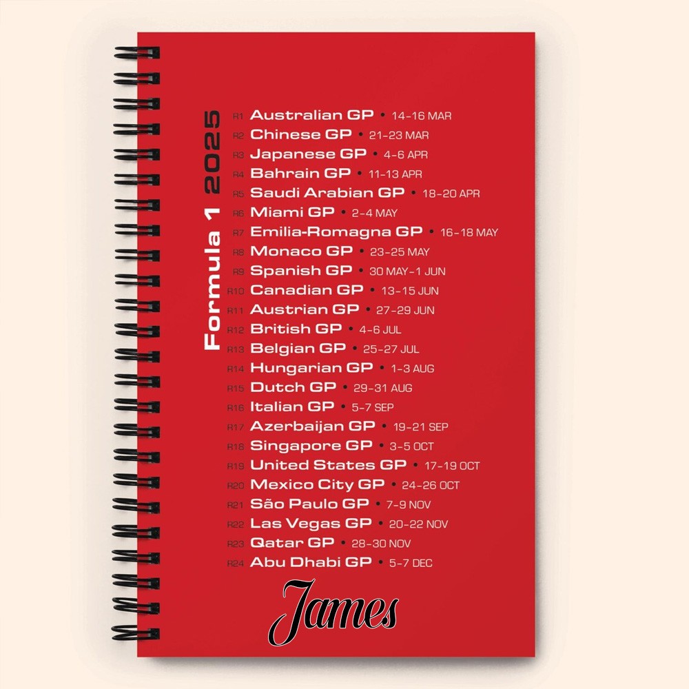 Custom Name F1 Schedule Spiral Notebook, 2025 Races on Cover, Blank Dot Ruled Pages, Grand Prix at a Glance