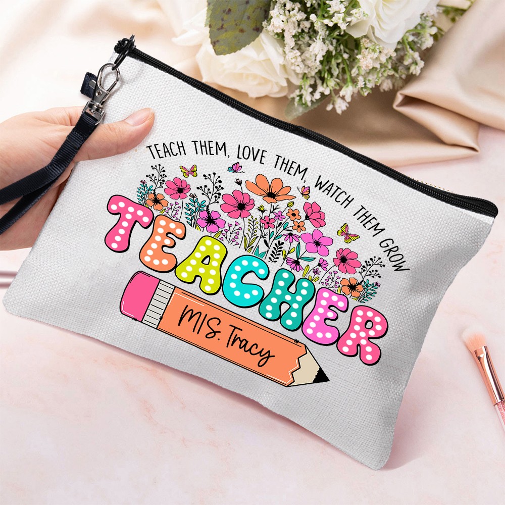 Custom Wildflowers Teacher Cosmetic Bag, Linen Makeup Pouch with Zipper ...