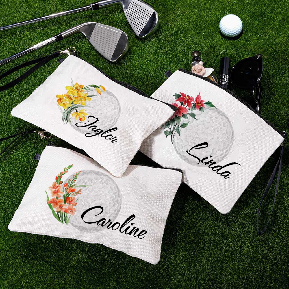 Personalized Birth Flower & Name Golf Cosmetic Bag, Custom Flax Sports Makeup Bag, Sports Accessory, Sports Gift for Golf Team/Player/Coach