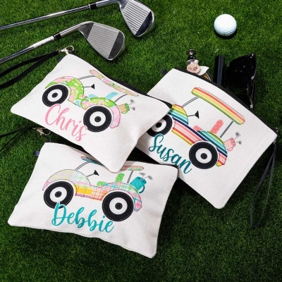 Personalized Golf Cart Cosmetic Bag with Wrist Strap, Custom Name Portable Golf Makeup Bag, Toiletry/Weekender Bag, Gift for Golf Lover/Coach/Women