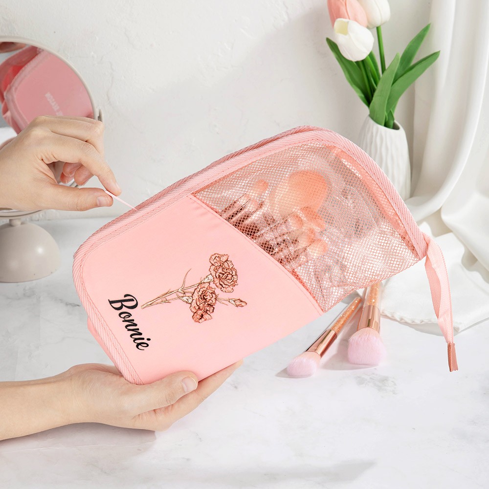 Trousse De Maquillage Personnalisée – Avec Prénom Et Fleur De Naissance – Cadeau Unique Femme, Mariage