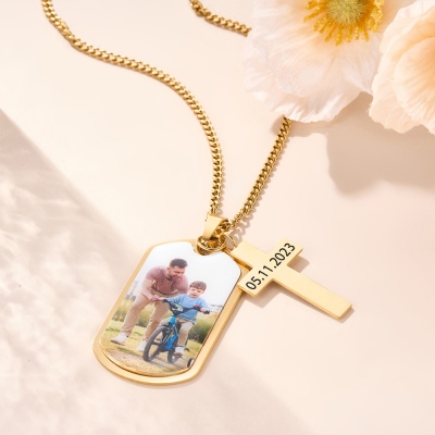 Personalized Photo Dog Tag Necklace with Cross Pendant, Custom Engraved Men’s Photo Memorial Necklace, Father’s Day/Christmas Gift for Dad/Grandpa/Him