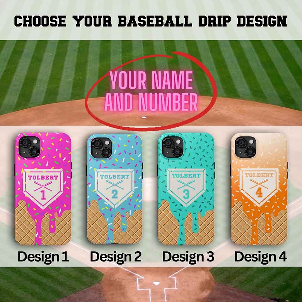 Custom Baseball Lifestyle Inspired Phone Case, Melting Ice Cream Cone Phone Case, Pink Blue Mint and Creamsicle Styles, Baseball Gift