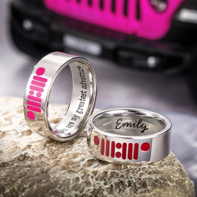 Custom Name Jeep Ring, Stainless Steel Unisex Ring with Jeep Grill and Headlights Pattern, Jewelry Gift for Jeep Girl/Jeep Guy/Jeep Lovers