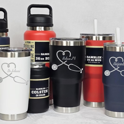 Personalized Stethoscope Heart, NURSE, First Responder YETI Ramblers. Laser Engraved Tumblers, Mugs with Handles, Can Colsters and Bottles