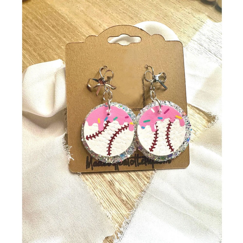 Custom Ice Cream Dripping Baseball Earrings with Glitter & Bow, Kawaii Baseball Donut Earrings, Birthday Gift for Baseball Mom/Baseball Lovers/Her