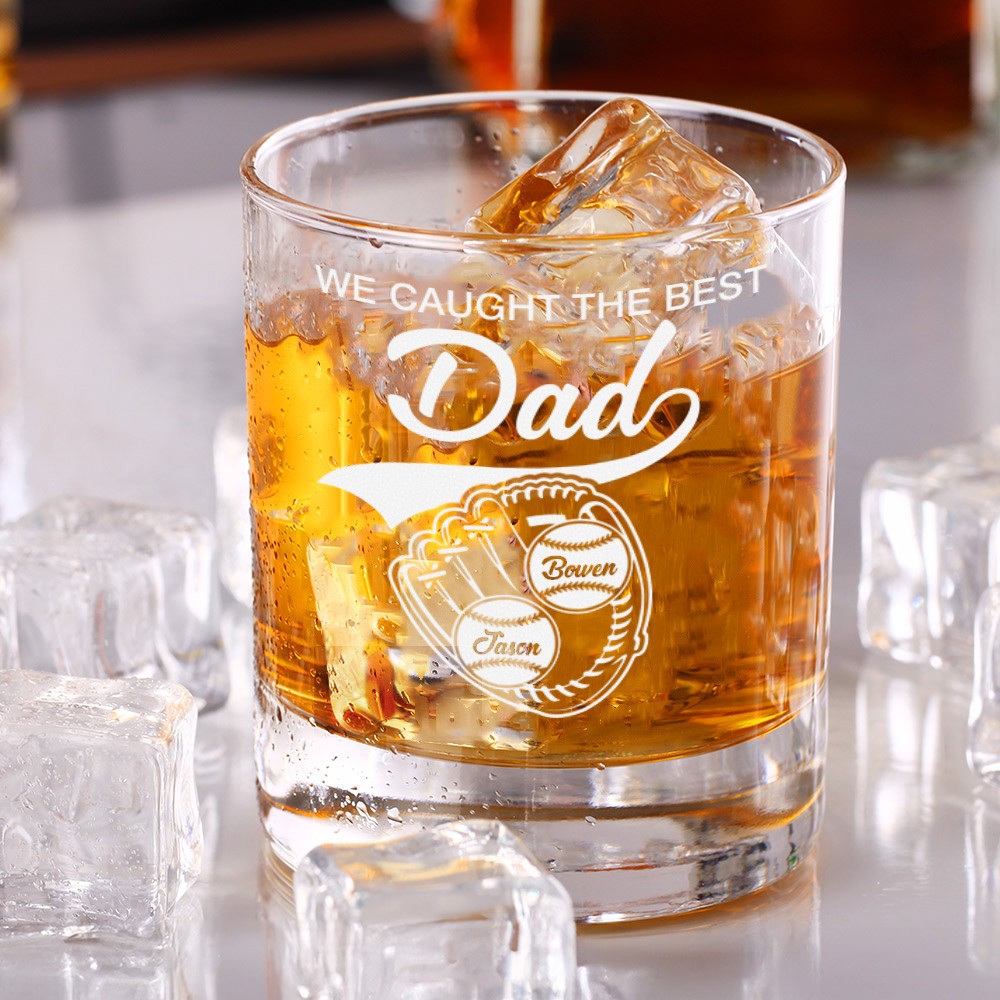 Personalized We Caught The Best Dad, Personalized Whiskey Glass Gift For Him, Custom Kid's Name Baseball, Father's Day Gifts, Gifts for Dad