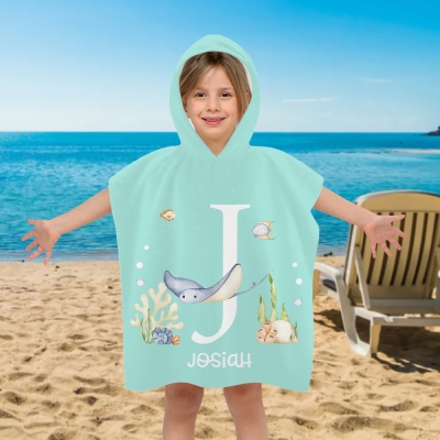 Custom Name & Initial Cartoon Sea Animal Hooded Beach Towel, Quick Dry Microfiber Towel, Vacation/Beach/Pool Party Favor, Gift for Kids/Boys/Girls