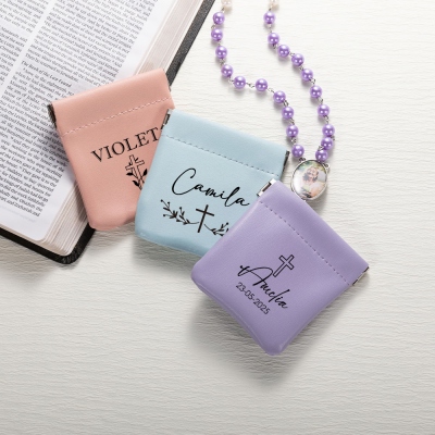 Personalized Cross Leather Rosary Pouch with Name, Squeeze Coin Purse, Confirmation/First Holy Communion/Christian Gift for Her/Girls/Mom/Grandma