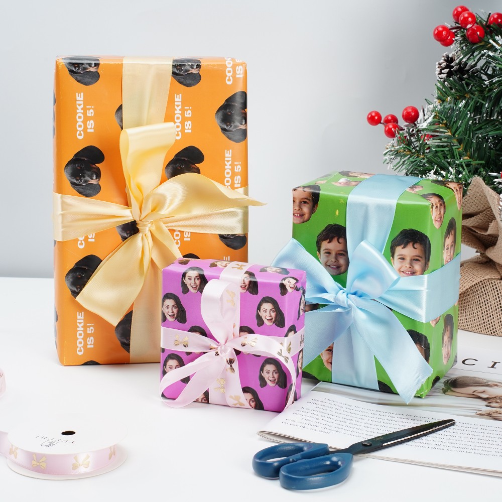 Personalized Wrapping Paper with Portraits and Pet Photo, Funny Heads Print, Gift Wrapping Paper Christmas Rolls, Birthday Gifts for Women/Men/Girl/Boy