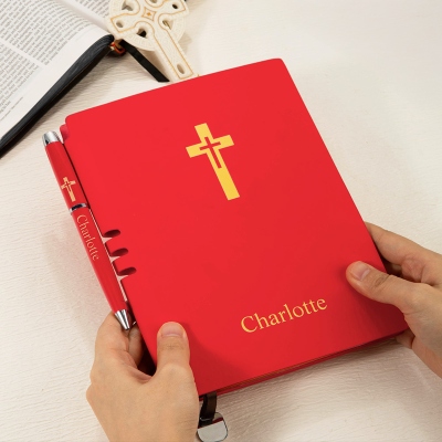 Personalized Name Cross Notebook, Leather Journal with Ribbon Bookmark & Pen, Travel Diary, Birthday/Easter/Christmas Gift for Christian/Pastors