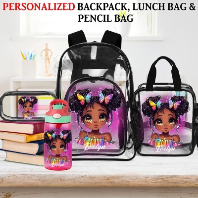 Custom Name Afro Black Boy/Girl in Starry Night PVC Clear School Bag Set, Backpack/Lunch Bag/Pencil Bag/Water Bottle, Back to School Gift for Kids