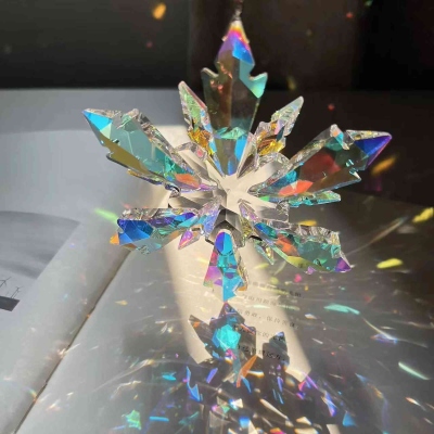 2025 Christmas Decoration Crystal Snowflake Star, Clear Multicolor Faceted Crystal Tone Metal Decoration and Artificial Silk Ribbon - New Year Christmas Tree Decoration Wedding Party Window Hanging Ornaments