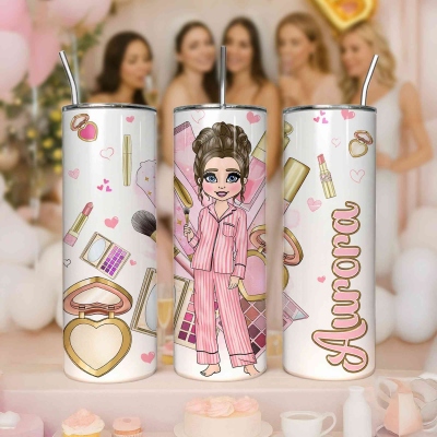 Personalised Love Makeup Lady in Pyjamas & Pink Cosmetics 20oz Straight Tumbler,Pajama Party Gifts