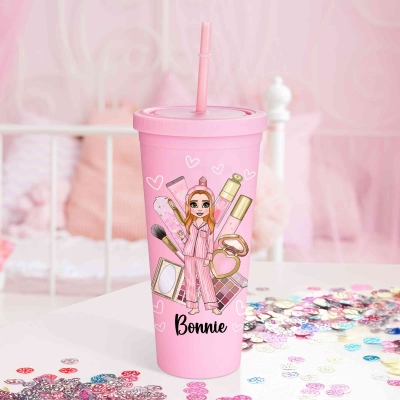 Personalized Makeup Pajamas for Women with Pink Makeup and 24oz Pink Cup with Straw, Perfect for Party Favors or Gifts for Her