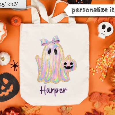 Personalized Name Halloween Ghost and Pumpkin Tote Bag, Large Capacity Tote Bag, Trick or Treat Candy Bag, Birthday/Halloween Gift for Her/Girls/Kids