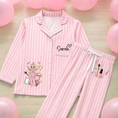 Personalized Makeup Pajamas Girls Pink Striped Pajamas, Customized Cute Long Sleeve Pajamas, Bachelorette Party Gifts, Bridesmaid Gifts