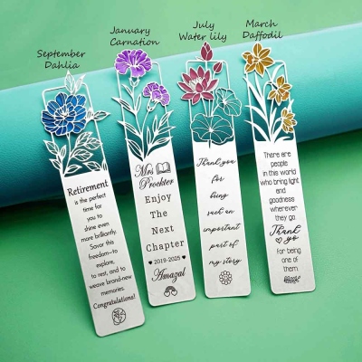 Personalized Engraved Birth Flower Metal Bookmark, Hollow Bookmark with Text, Book Accessory, Birthday/Retirement Gift for Family/Book Lovers/Friends