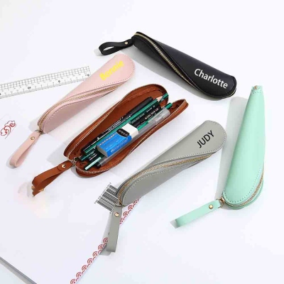 Personalized Name Spiral Closure Pencil Case, PU Leather Retro Pen Pouch with Zipper & Wrist Strap, Birthday/Back to School Gift for Kids/Students