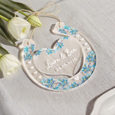 Personalised Lucky Horseshoe with Couple's Names Ornament, Frosted Acrylic Heart Floral Hanging Decor, Engagement/Wedding Gift for Newlyweds/Couple