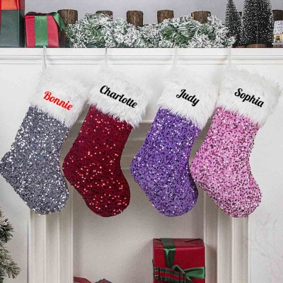 Personalized Name Glitter Christmas Plush Stocking, Christmas Tree Hanging Decor, Holiday Party Favor, Home Decor, Christmas Gift for Kids/Family