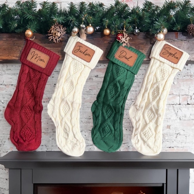 Personalized Family Name Christmas Stockings, Leather Patch Christmas Stockings, Custom Christmas Stockings with Name, Christmas Gift for Family