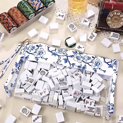 Personalized Blue and White Porcelain Mahjong Storage Bag, Customized Name, Large Capacity Waterproof Transparent Storage Bag, A Gift for Mahjong Lovers