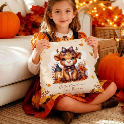 Personalised Autumn Highland Cow Pumpkins Soft Throw Pillow, Thanksgiving Pillow with Name, Thanksgiving Gift for Kid Woman, Home Decor