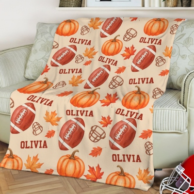 Personalized Autumn Football Blanket, Custom Name Pumpkin Maple Leaf Blanket, Thanksgiving Birthday Gift for Football Lover
