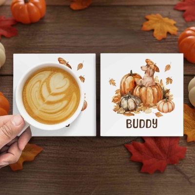 Custom Fall Pumpkins Dog Mug, Personalized Name Coffee Cup with Coaster, Thanksgiving Birthday Gift for Dog Owner Lover