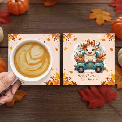 Personalised Autumn Highland Cow Pumpkins Mug, Thanksgiving Coffee Cup with Coaster and Name, Thanksgiving Gift for Highland Cow Lover