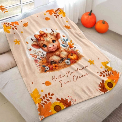 Personalised Autumn Highland Cow Pumpkins Blanket, Thanksgiving Blanket with Name, Thanksgiving Birthday Gift for Highland Cow Lover