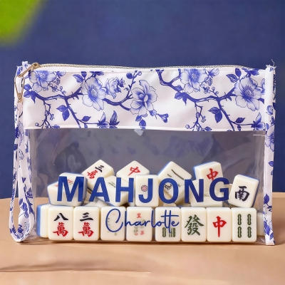 Personalized Blue and White Porcelain Mahjong Storage Bag, Customized Name, Large Capacity Waterproof Transparent Storage Bag, A Gift for Mahjong Lovers