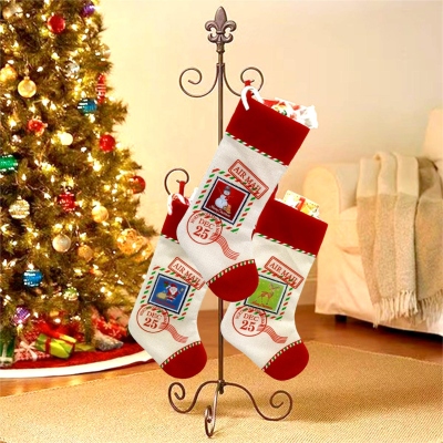 Personalized Embroidered Name Christmas Stocking, Knitted Family Stamp Design Stocking, Winter Holiday Home Decor, Christmas Gift for Family/Kids